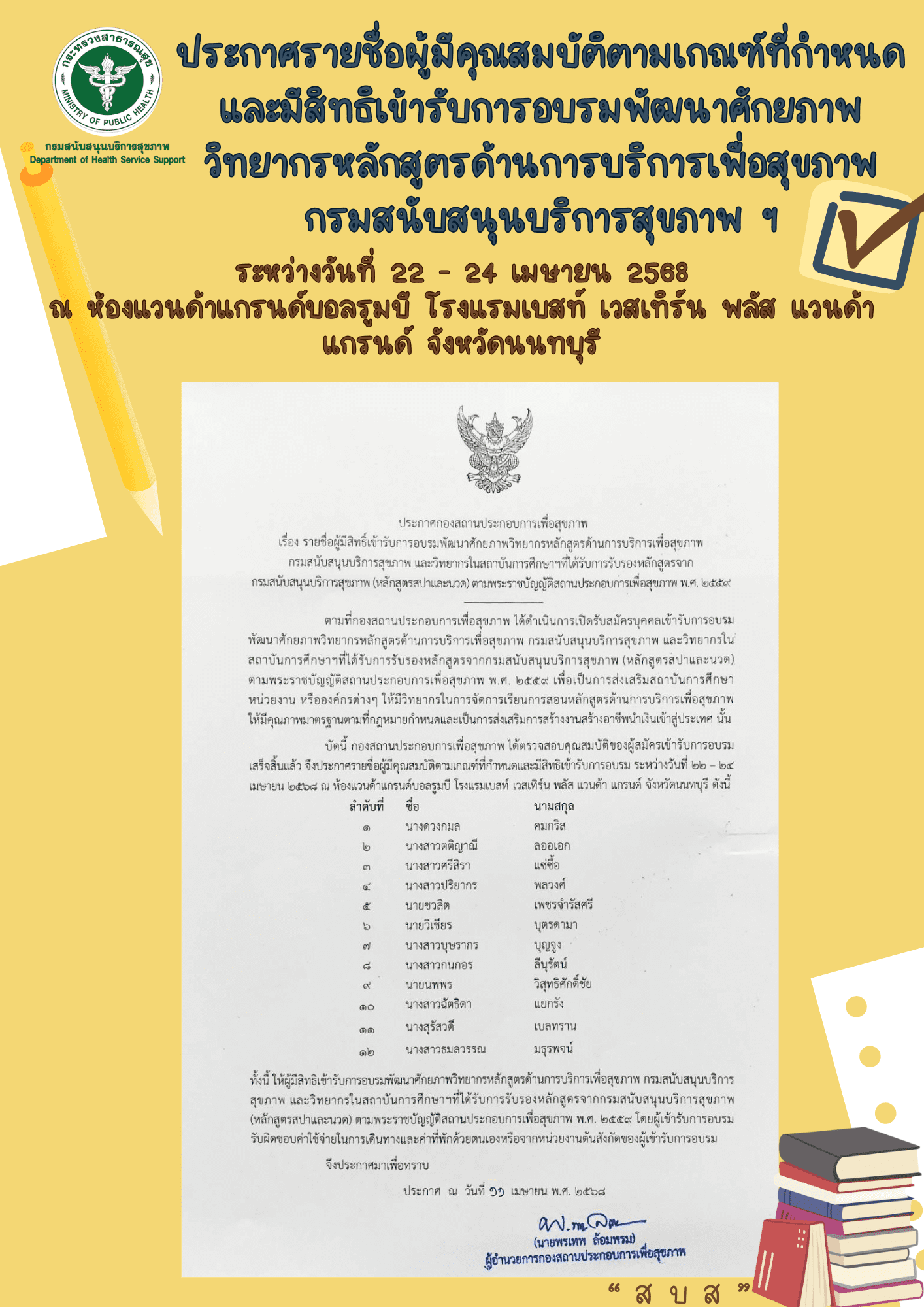 ประกาศรายชื่อผู้มีคุณสมบัติตามเกรณ์ที่กำหนดและมีสิทธิเข้ารับการอบรมพัฒนาศักยภาพวิทยากรหลักสูตรด้านการบริการเพื่อสุขภาพกรมสนับสนุนบริการสุขภาพฯ
